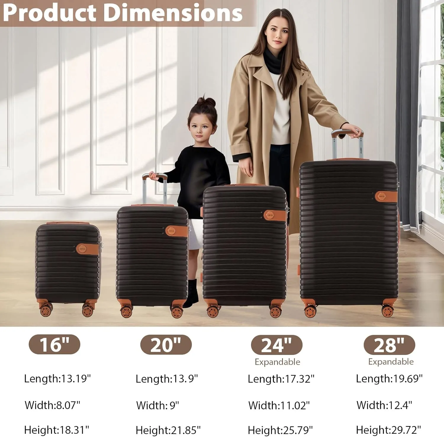 Merax Hardshell Luggage Sets 4 piece Lightweight Suitcases With Wheels TSA Lock Expandable (only 24”/28”) ABS Large Luggage set (Coffee Bean color)