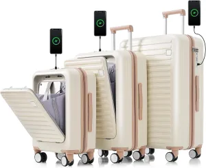 Merax Hardside Luggage Sets 3Piece Front-Opening Suitcase with USB Port ABS, Ivory and Golden, 20/24/28 Inch