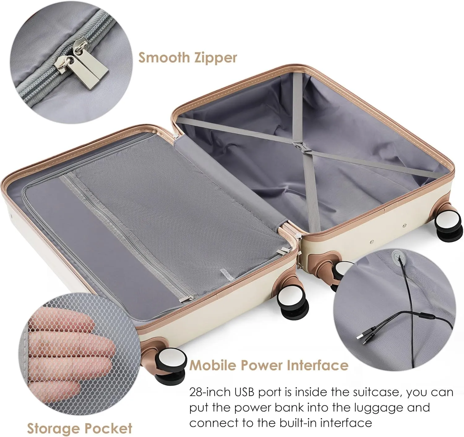 Merax Hardside Luggage Sets 3Piece Front-Opening Suitcase with USB Port ABS, Ivory and Golden, 20/24/28 Inch