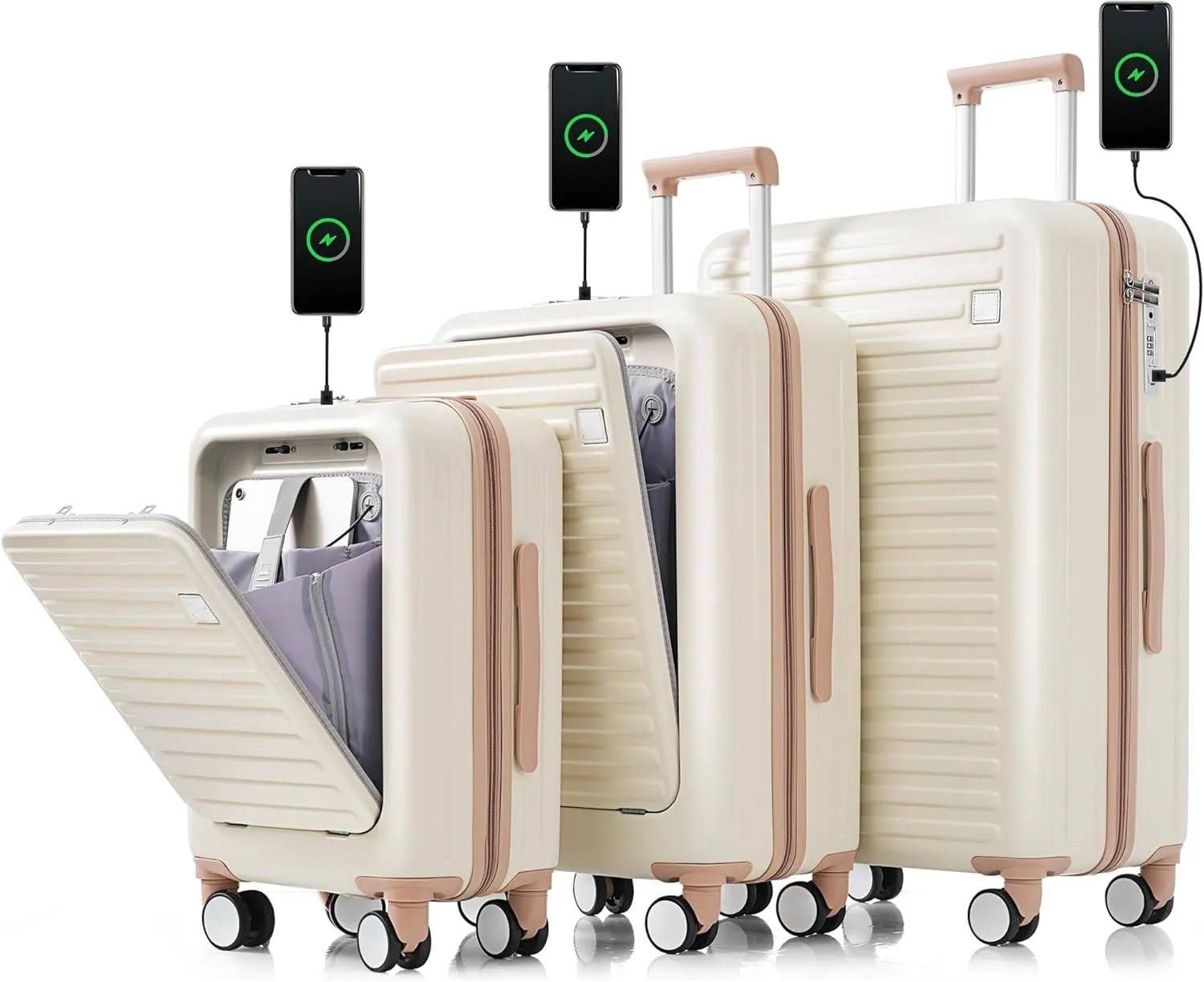 Merax Hardside Luggage Sets 3Piece Front-Opening Suitcase with USB Port ABS, Ivory and Golden, 20/24/28 Inch