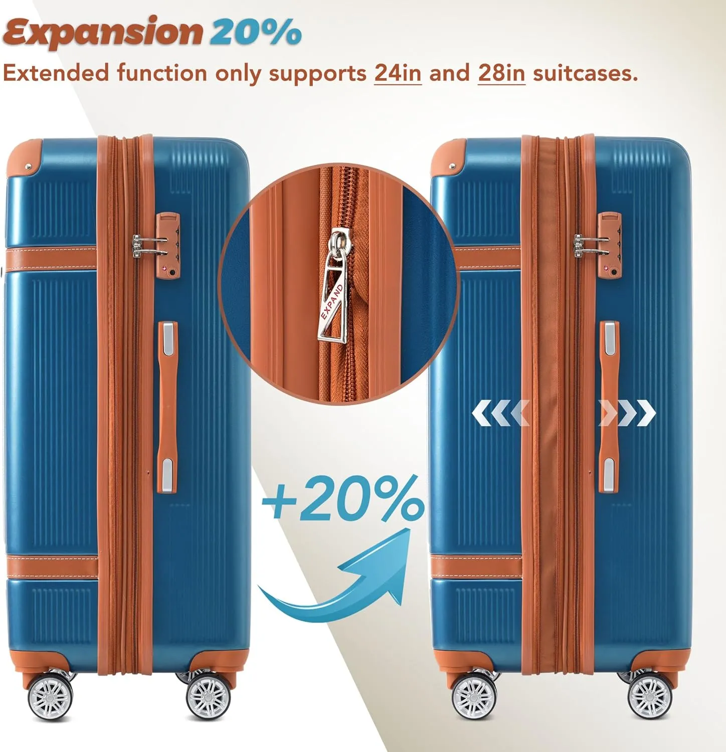Merax Hardside Rugged Travel Suitcase Luggage with 8 Spinner Wheels, Collision-Protection Angle, 3-Piece Set, TSA Lock, Expandable, Carry-On Luggage (20/24/28, Blue)