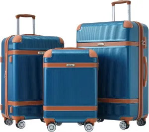 Merax Hardside Rugged Travel Suitcase Luggage with 8 Spinner Wheels, Collision-Protection Angle, 3-Piece Set, TSA Lock, Expandable, Carry-On Luggage (20/24/28, Blue)