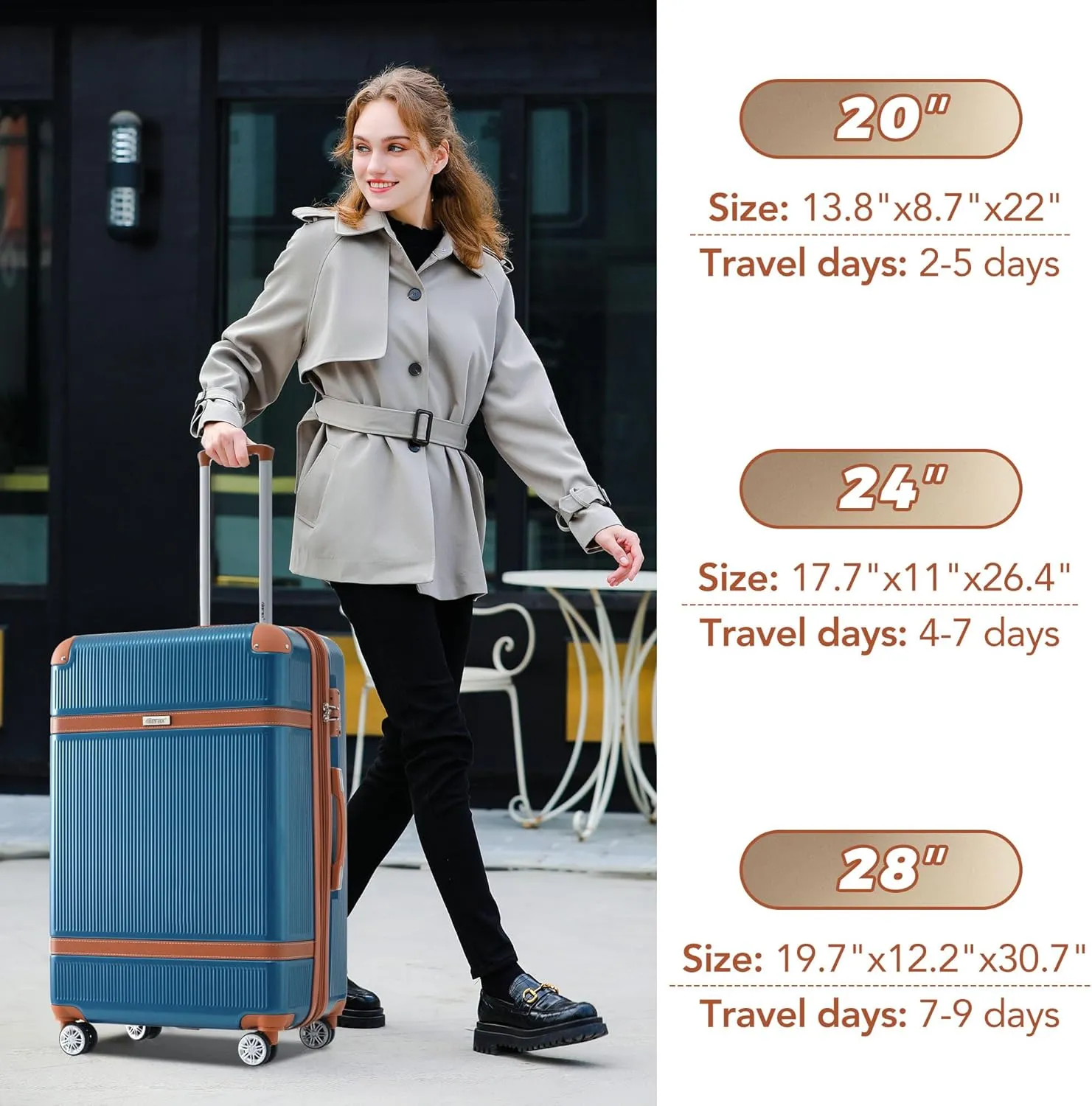 Merax Hardside Rugged Travel Suitcase Luggage with 8 Spinner Wheels, Collision-Protection Angle, 3-Piece Set, TSA Lock, Expandable, Carry-On Luggage (20/24/28, Blue)