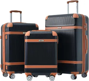 Merax Hardside Rugged Travel Suitcase Luggage with 8 Spinner Wheels, Collision-Protection Angle, 3-Piece Set, TSA Lock, Expandable, Carry-On Luggage (20/24/28,Black)