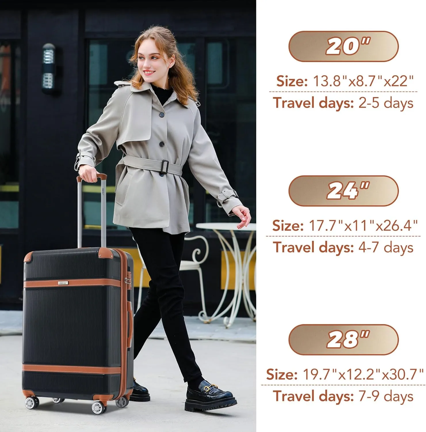 Merax Hardside Rugged Travel Suitcase Luggage with 8 Spinner Wheels, Collision-Protection Angle, 3-Piece Set, TSA Lock, Expandable, Carry-On Luggage (20/24/28,Black)