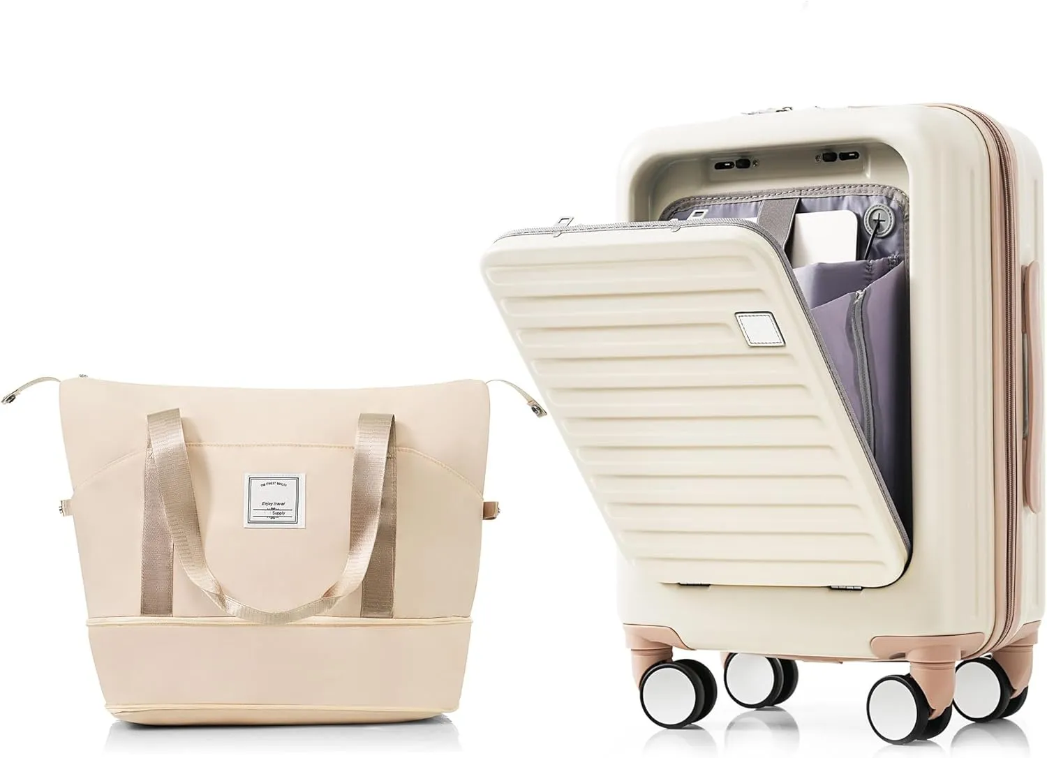 Merax Luggage 2 Piece Hardside USB Port Suitcase Sets with Spinner Wheels Lightweight, Cream Gold, 20 in & Travel Bag
