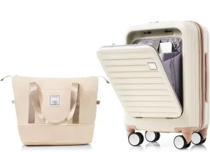 Merax Luggage 2 Piece Hardside USB Port Suitcase Sets with Spinner Wheels Lightweight, Cream Gold, 20 in & Travel Bag