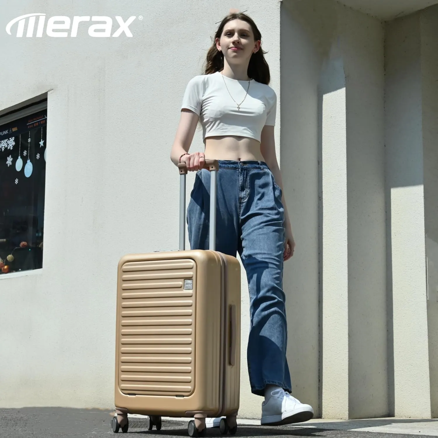 Merax Luggage, Hardside Suitcase with Front Pocket Cup Holder and USB Port, Champagne, 3-Piece Set