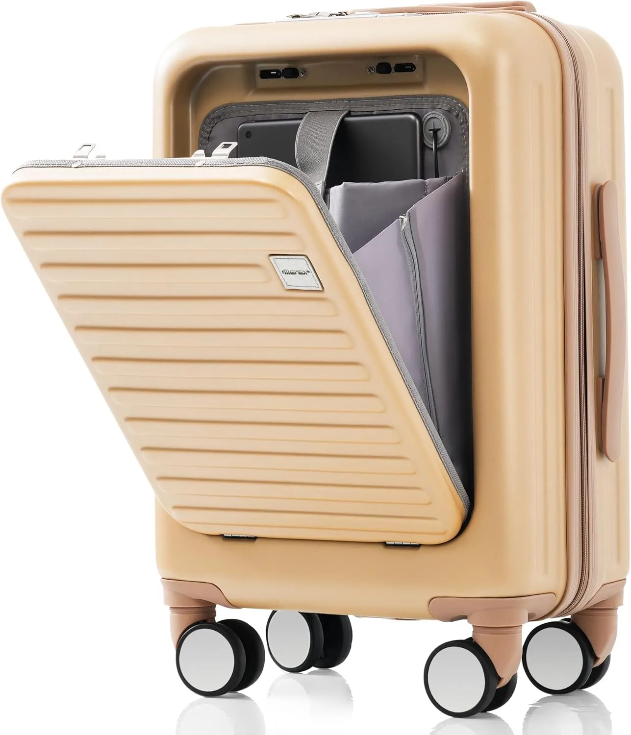 Merax Luggage, Hardside Suitcase with Front Pocket Cup Holder and USB Port, Champagne, 3-Piece Set
