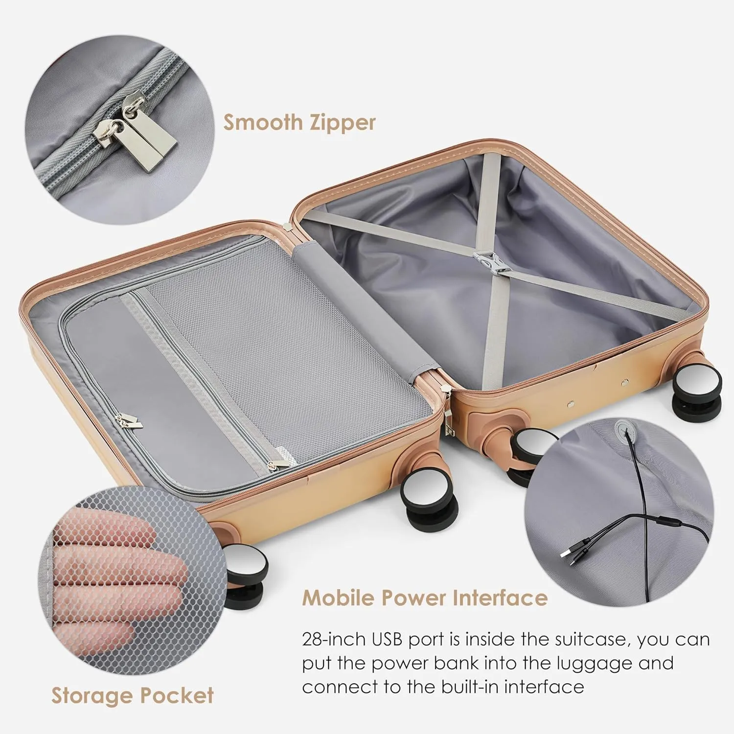 Merax Luggage, Hardside Suitcase with Front Pocket Cup Holder and USB Port, Champagne, 3-Piece Set