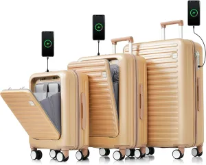 Merax Luggage, Hardside Suitcase with Front Pocket Cup Holder and USB Port, Champagne, 3-Piece Set