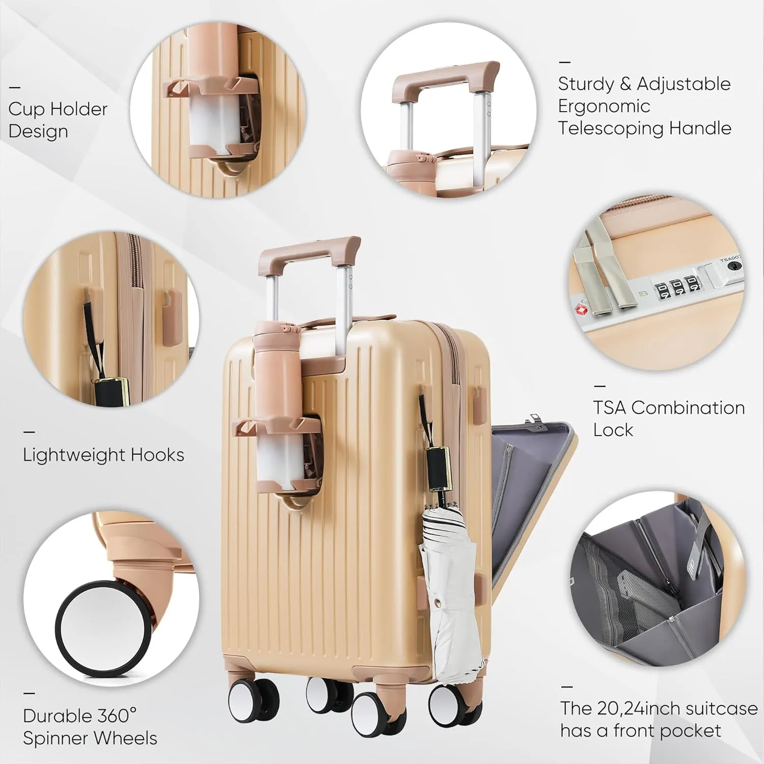 Merax Luggage, Hardside Suitcase with Front Pocket Cup Holder and USB Port, Champagne, 3-Piece Set