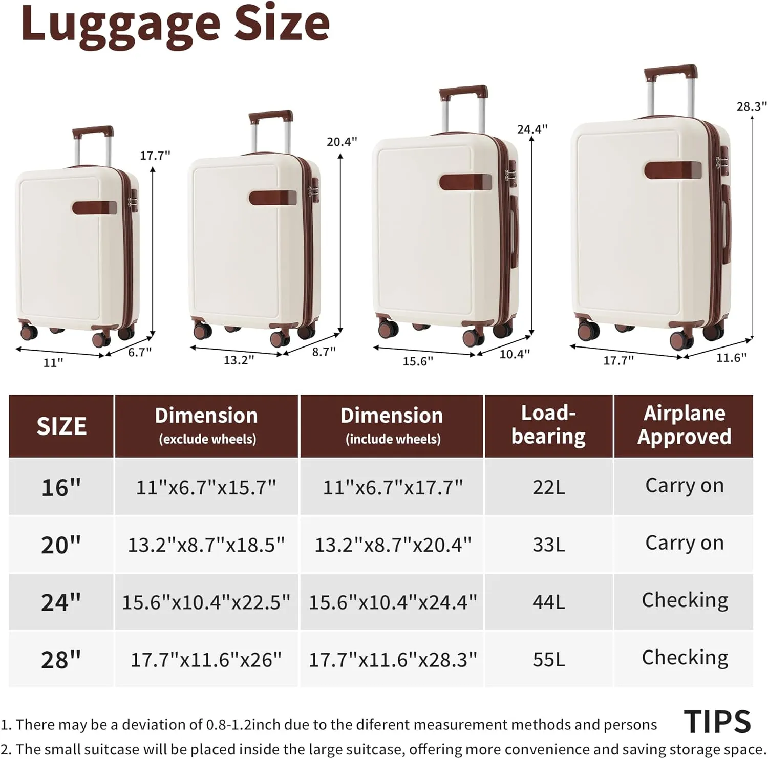 Merax Luggage Packing Cubes Hardside 4 Suitcase Durable Lightweight, Brown and White, 8-Piece Set