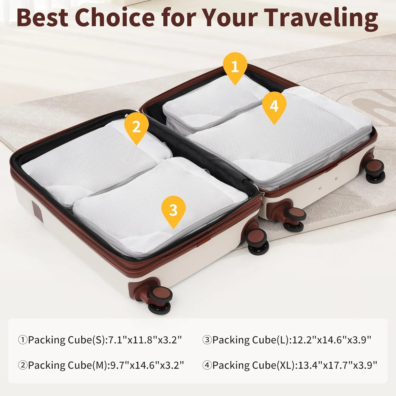 Merax Luggage Packing Cubes Hardside 4 Suitcase Durable Lightweight, Brown and White, 8-Piece Set