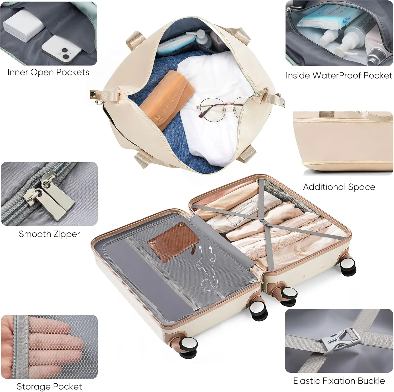 Merax Luggage Set 2 Piece Hardside Suit case with Spinner Wheels Lightweight USB Port, Milky White and Kakhi, 20 Inch with Travel Bag