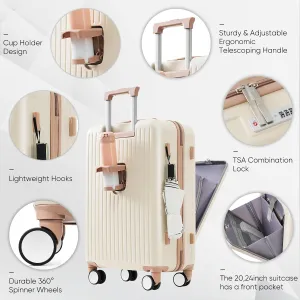 Merax Luggage Set 2 Piece Hardside Suit case with Spinner Wheels Lightweight USB Port, Milky White and Kakhi, 20 Inch with Travel Bag