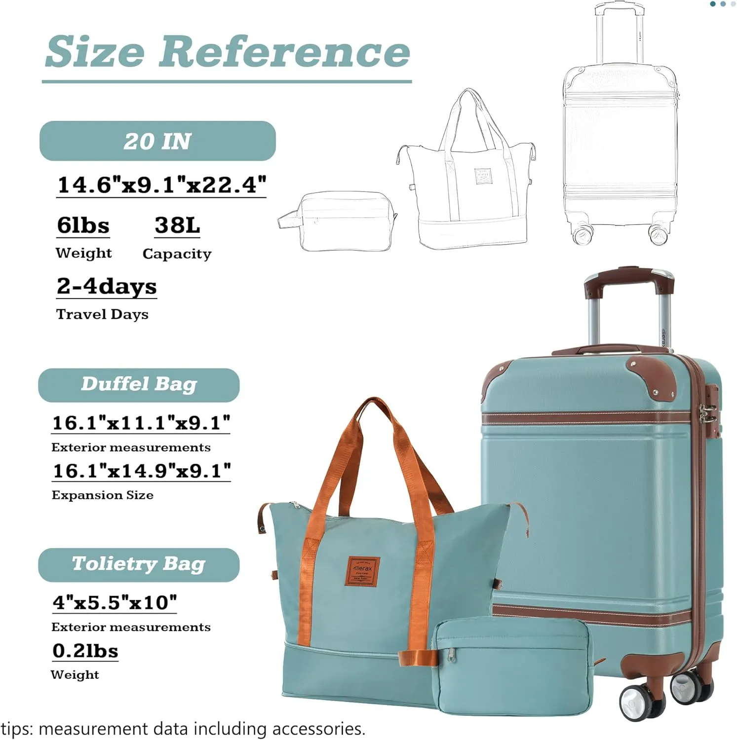 Merax Luggage Set,20 IN Hardside Suitcase with Duffel Bags,3 Piece Luggage with Spinner Wheels, Vintage Luggage with TSA Lock Lightweight,(Blue Green)