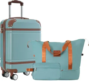 Merax Luggage Set,20 IN Hardside Suitcase with Duffel Bags,3 Piece Luggage with Spinner Wheels, Vintage Luggage with TSA Lock Lightweight,(Blue Green)