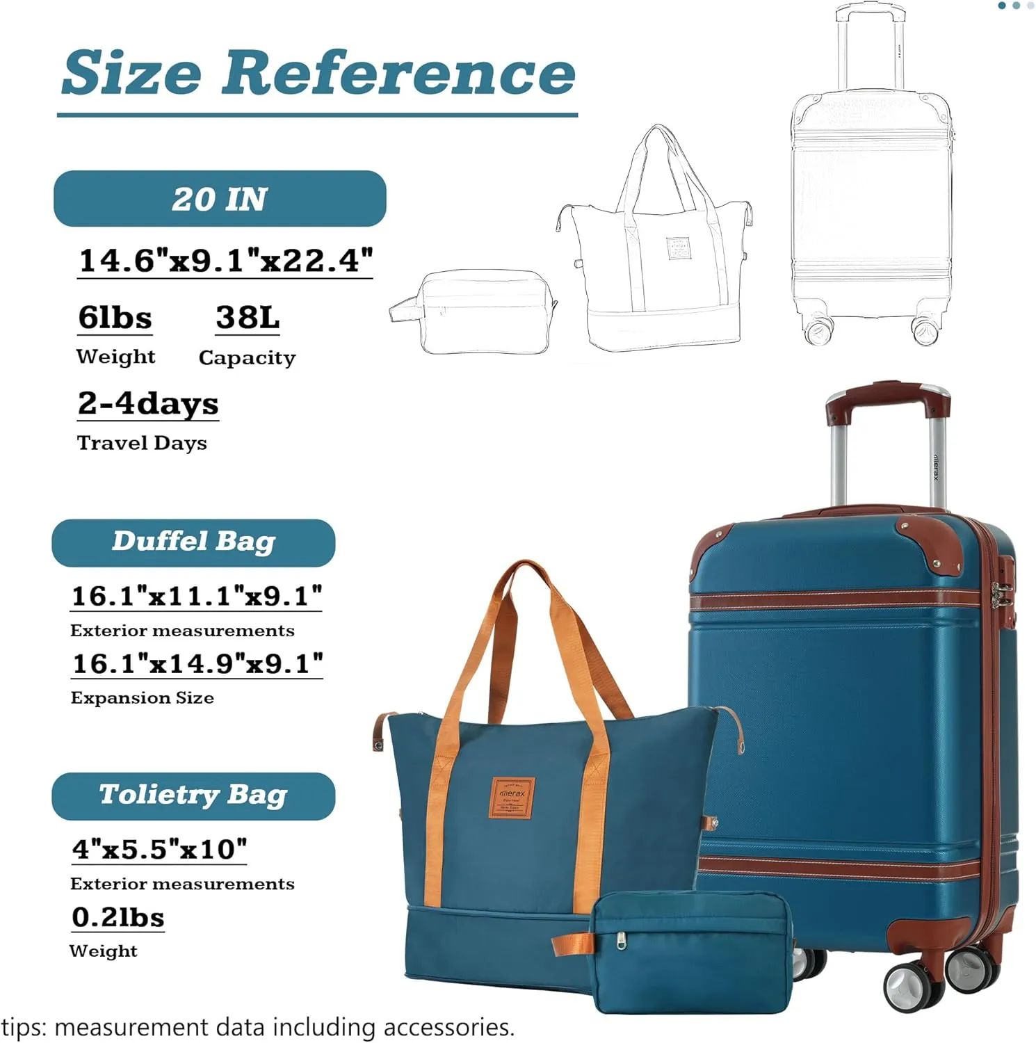 Merax Luggage Set,20 IN Hardside Suitcase with Duffel Bags,3 Piece Luggage with Spinner Wheels, Vintage Luggage with TSA Lock Lightweight,(Blue)
