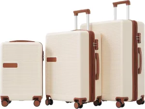 Merax Luggage Sets, Contrast Color 3 Piece 20"  24"  28" Luggage Set Hardside Spinner Suitcase with TSA Lock, Beige Brown