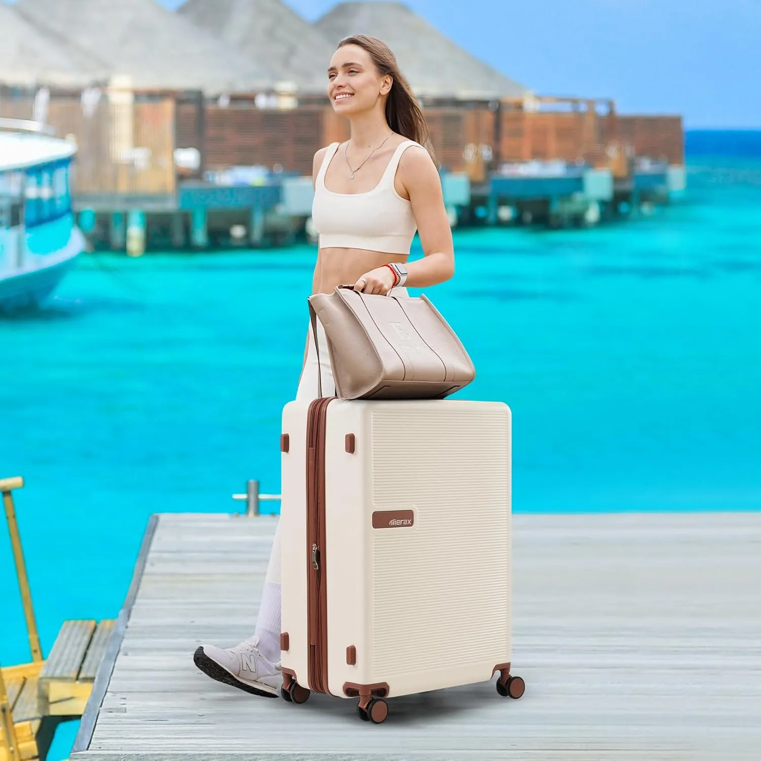 Merax Luggage Sets, Contrast Color 3 Piece 20"  24"  28" Luggage Set Hardside Spinner Suitcase with TSA Lock, Beige Brown