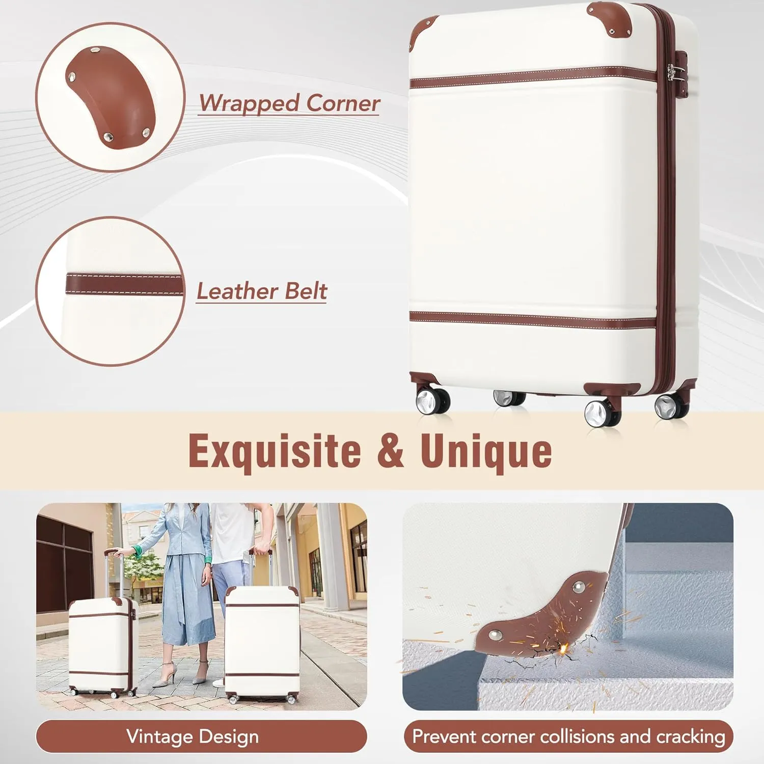 Merax Luggage Sets, Hardshell Luggage Sets 3 Pieces 20" 28" Luggages and Cosmetic Case Spinner Suitcase with TSA Lock Lightweight, White