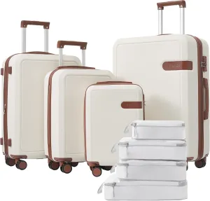 Merax Luggage Sets with Compression Packing Cubes, Hardside Expandable 4 Piece Suitcase Set with Spinner Wheels, Durable Lightweight Luggage with TSA Lock-16 20 24 28,White and Brown