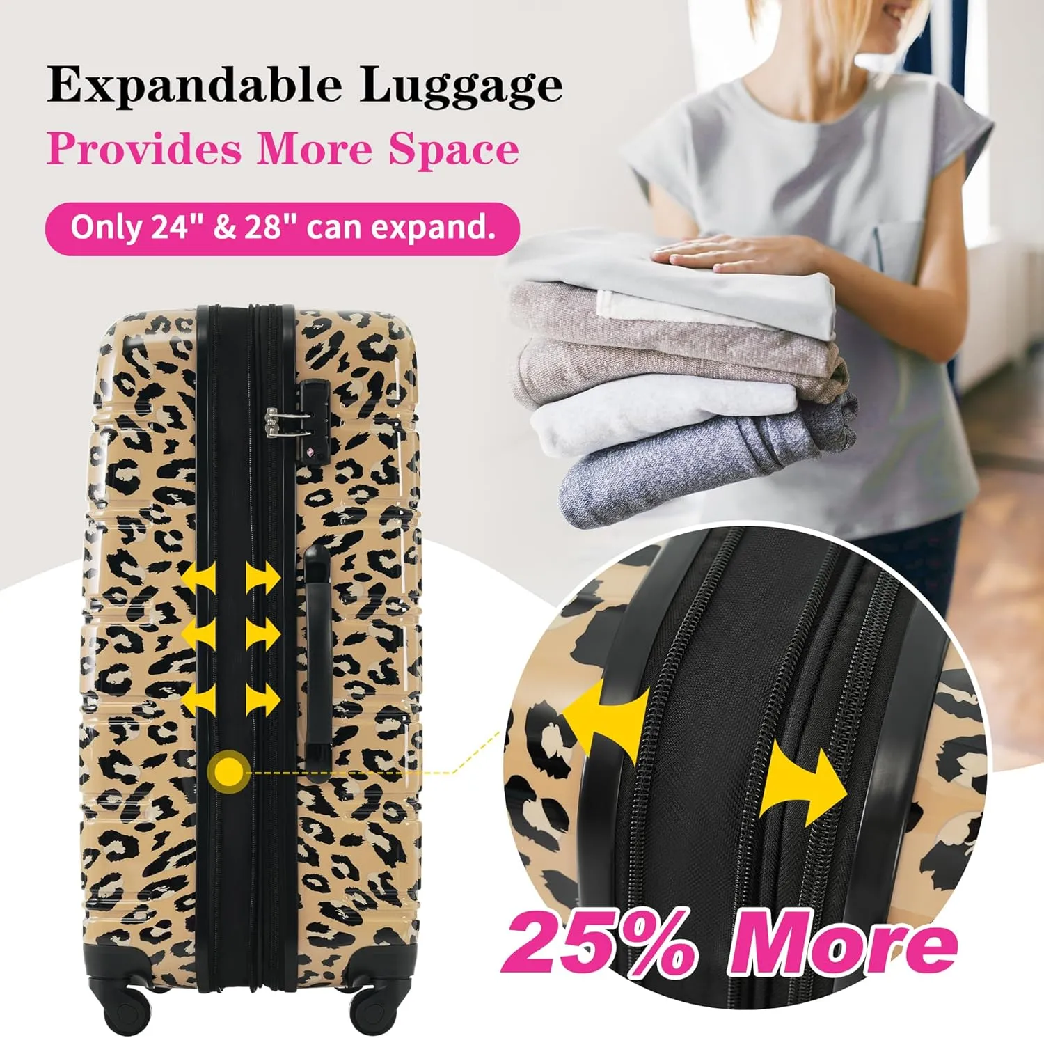Merax Suitcase Set, Hardshell Luggage Sets 3 Piece with Spinner Wheels, Expandable Durable Suitcase with TSA Lock Lightweight 20" 24" 28", Brown Leopard