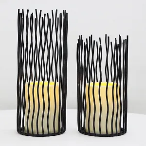Metal Iron Wire Willow Pillar Candle Holders with Led Waterproof Candles,Indoor and Outdoor Candlestick Holders with Battery Waterproof Candles Set of 2 for Wedding Seasons Decor(Black)