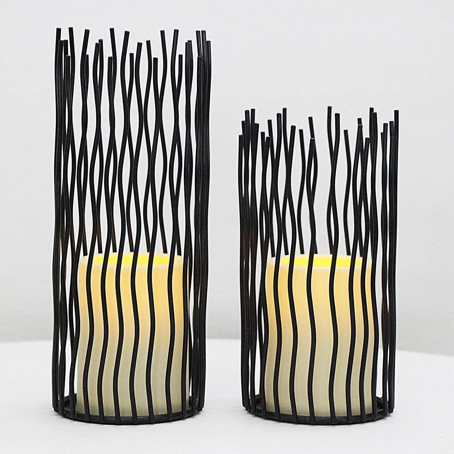 Metal Iron Wire Willow Pillar Candle Holders with Led Waterproof Candles,Indoor and Outdoor Candlestick Holders with Battery Waterproof Candles Set of 2 for Wedding Seasons Decor(Black)