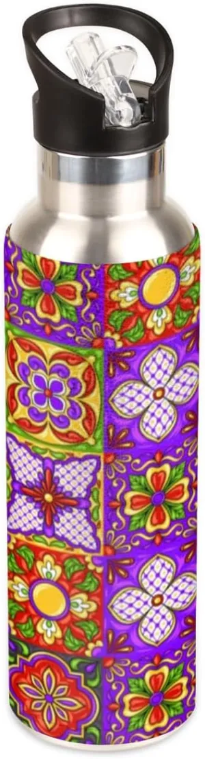 Mexican Art Purple Vacuum Insulated Water Bottle with Straw Lid BPA Free 20 oz Stainless Steel Mexican Water Bottles Leakproof for Sport Bike Gym Travel