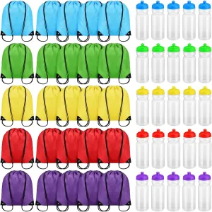 Mifoci 20 oz Plastic Water Bottles Bulk and Drawstring Backpack Set Reusable Sport Water Bottles Lightweight Clear Water Bottle Cinch Gym Drawstring Bags for Adult Kids Fitness DIY