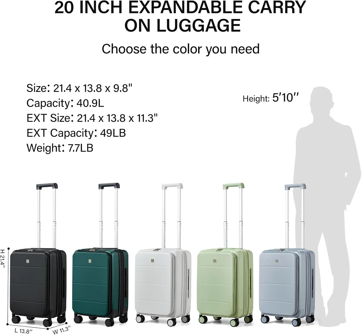 MILADA 20 Inch Expandable Carry On Luggage 22x14x9 Airline Approved with Wheels Top Opening Lightweight PC Hard Shell Suitcases Carry On Bag Rolling Luggage for Travel TSA Luggage, Black