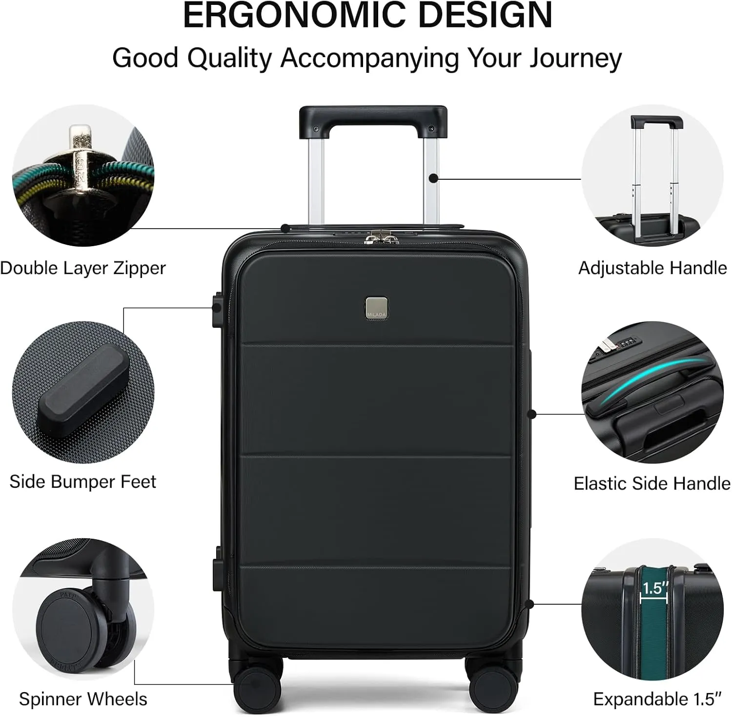 MILADA 20 Inch Expandable Carry On Luggage 22x14x9 Airline Approved with Wheels Top Opening Lightweight PC Hard Shell Suitcases Carry On Bag Rolling Luggage for Travel TSA Luggage, Black