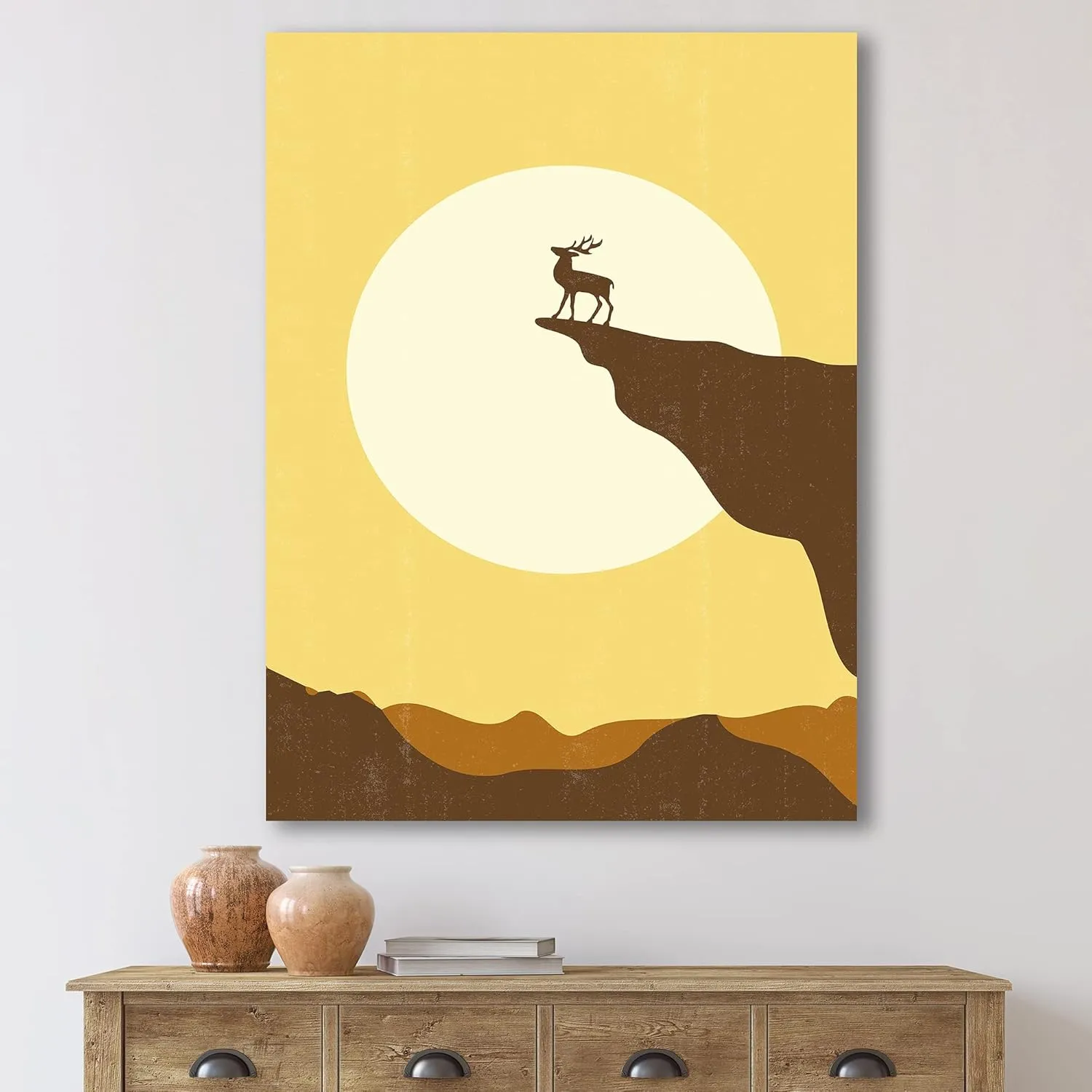 Minimalistic Deer At Sunset On Mountain Top Sunset Lake House Canvas Wall Art