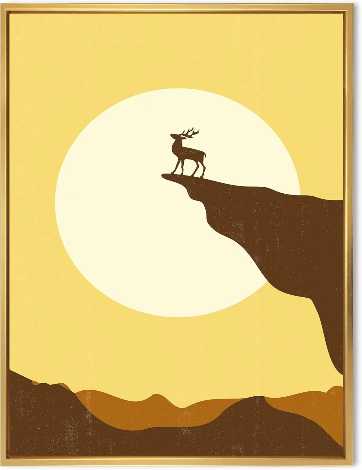 Minimalistic Deer At Sunset on Mountain Top Sunset - Lake House Framed Canvas Wall Art Print
