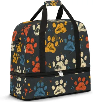 Mischievous Dog Footprints Travel Duffel Bag for Women Men Weekender Overnight Bag with Shoe Compartment Foldable Sports Gym Luggage Bag