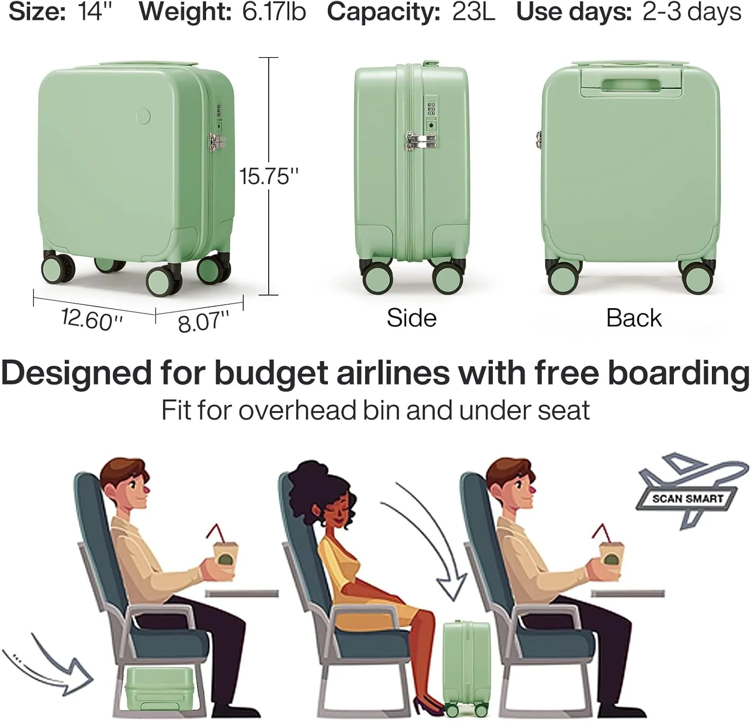 mixi 14 Inch Underseat Luggage Carry on Suitcase Free Boarding Personal Item Suitcases with Spinner Wheels Hardshell Lightweight PC for Short Travel, Avocado Green