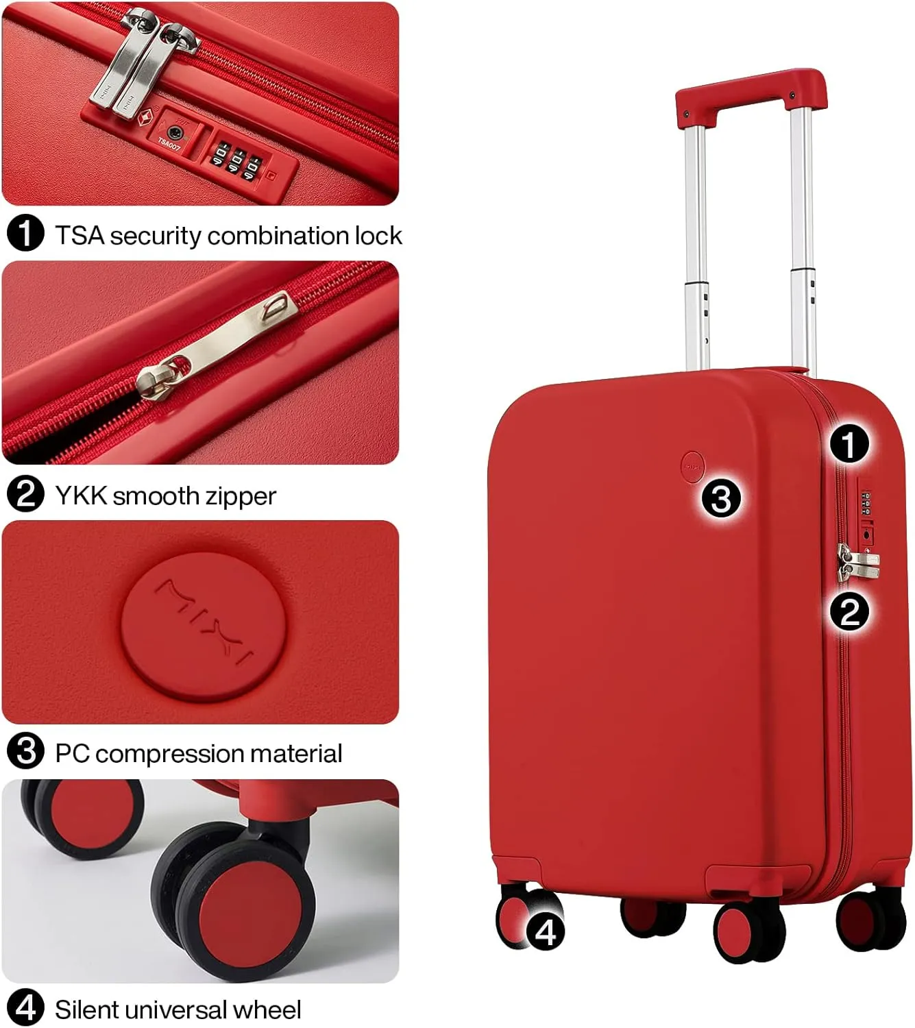 mixi Carry on Luggage, 20'' Suitcase Spinner Wheels Luggage Hardshell Lightweight Rolling Suitcases PC with Cover & TSA Lock for Business Travel, Red