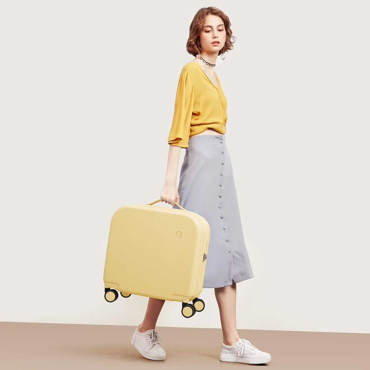 mixi Carry on Luggage, Suitcase with Spinner Wheels 16in Luggage Hardshell Lightweight Rolling Suitcases PC with Cover & TSA Lock, Lark Yellow