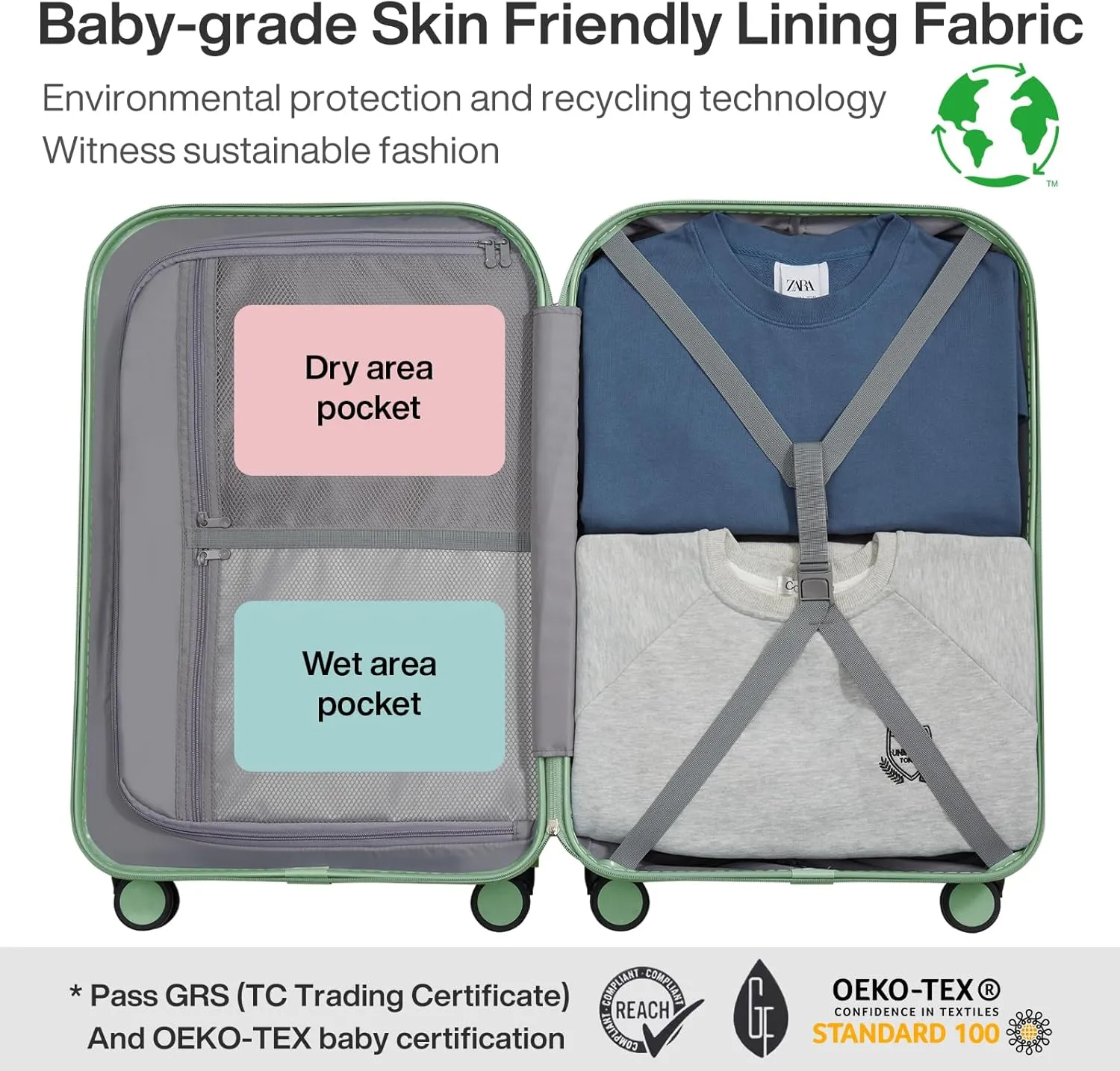 mixi Luggage Suitcase with Spinner Wheels, Hardside Rolling Suitcase PC with Cover & TSA Lock Lightweight Travel Case 24in Checked in, Avocado Green