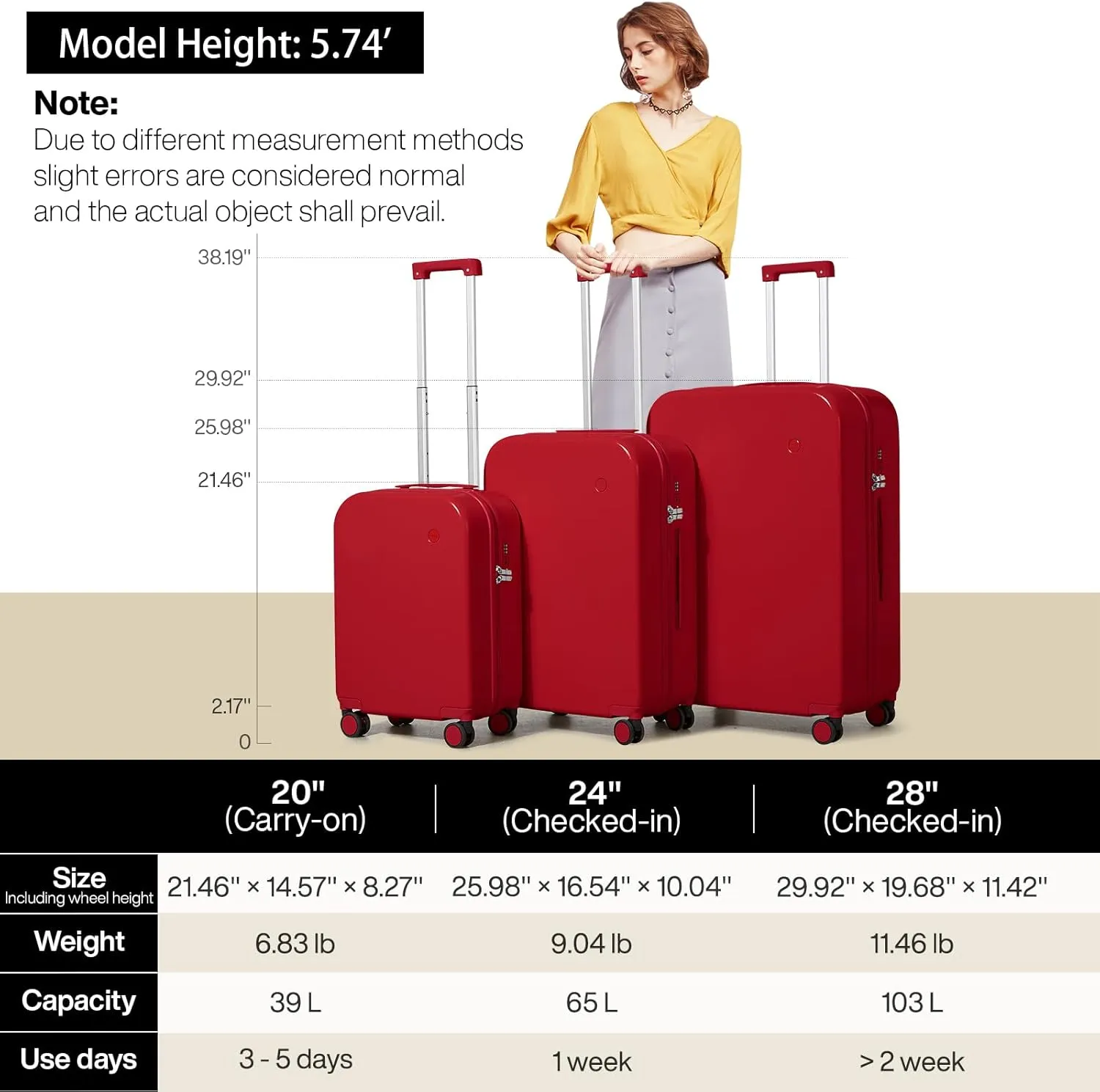 mixi Luggage Suitcase with Spinner Wheels, Hardside Rolling Suitcase PC with Cover & TSA Lock Lightweight Travel Case 24in Checked in, Red