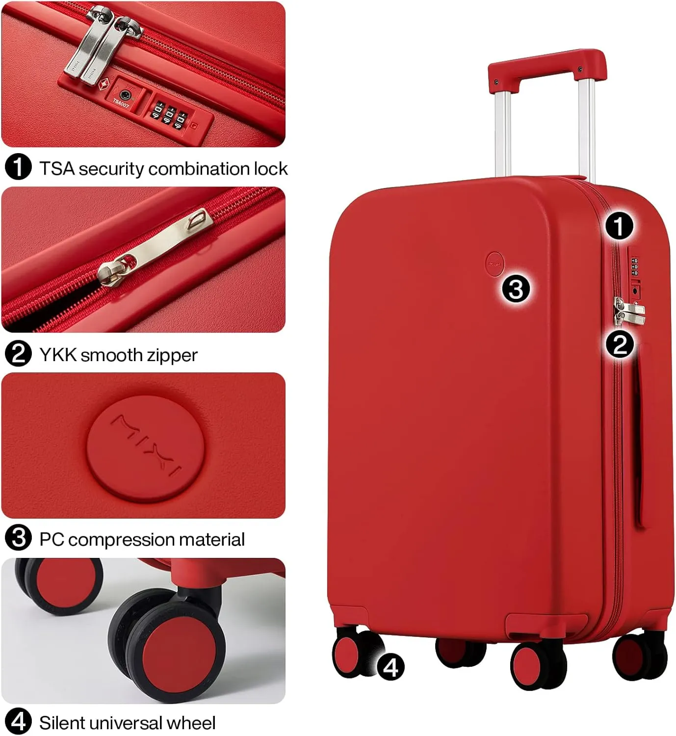 mixi Luggage Suitcase with Spinner Wheels, Hardside Rolling Suitcase PC with Cover & TSA Lock Lightweight Travel Case 24in Checked in, Red