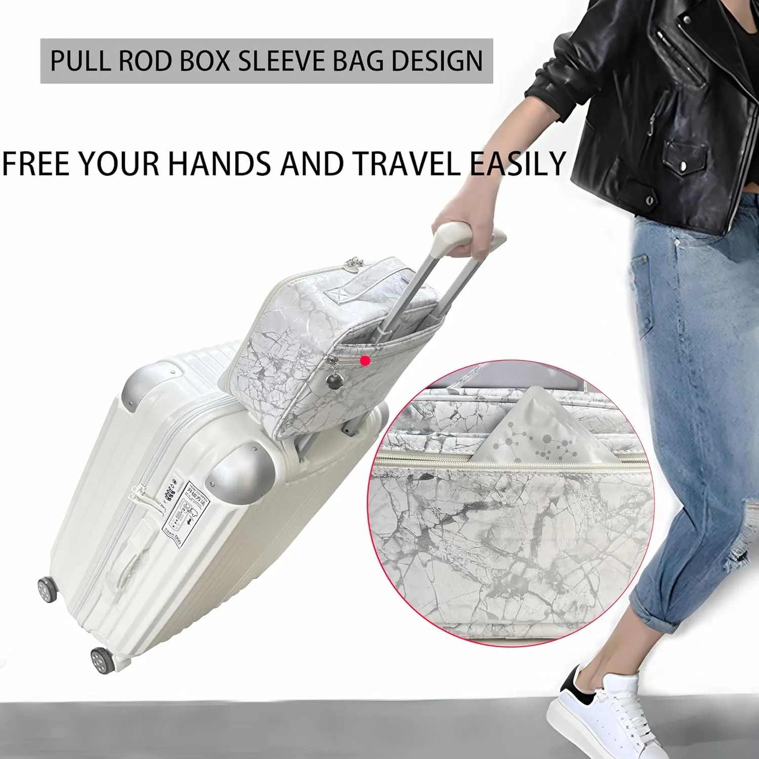 MKPCW Multifunctional Travel Makeup Bag Cosmetic Organizer with Removable Dividers, Brush Holder & Luggage Strap – Waterproof Large Capacity Toiletry Pouch for Women, Gym, Daily Use (White Marble)