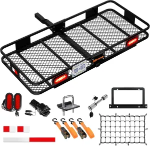 Mockins 60"x20"x6" Folding Trailer Hitch Cargo Carrier Hitch Mount | 500Lbs. Cap Car Carrier Tow Hitch Rack | Weatherproof Steel Luggage Rack for SUV & Car w/License Plate Holder, Rear Lights & More