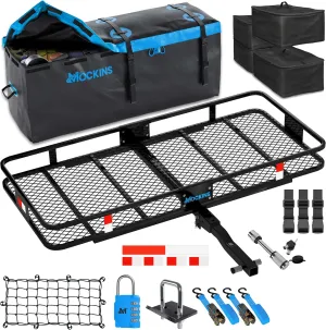 Mockins 60"x20"x6" Trailer Hitch Cargo Carrier w/16 CuFt Soft Vinyl Waterproof Cargo Bag & 4 Packing Cubes | 500 Lbs. Capacity Folding Luggage Rack for SUV/Car & Waterproof Truck Bed Storage Bag Set