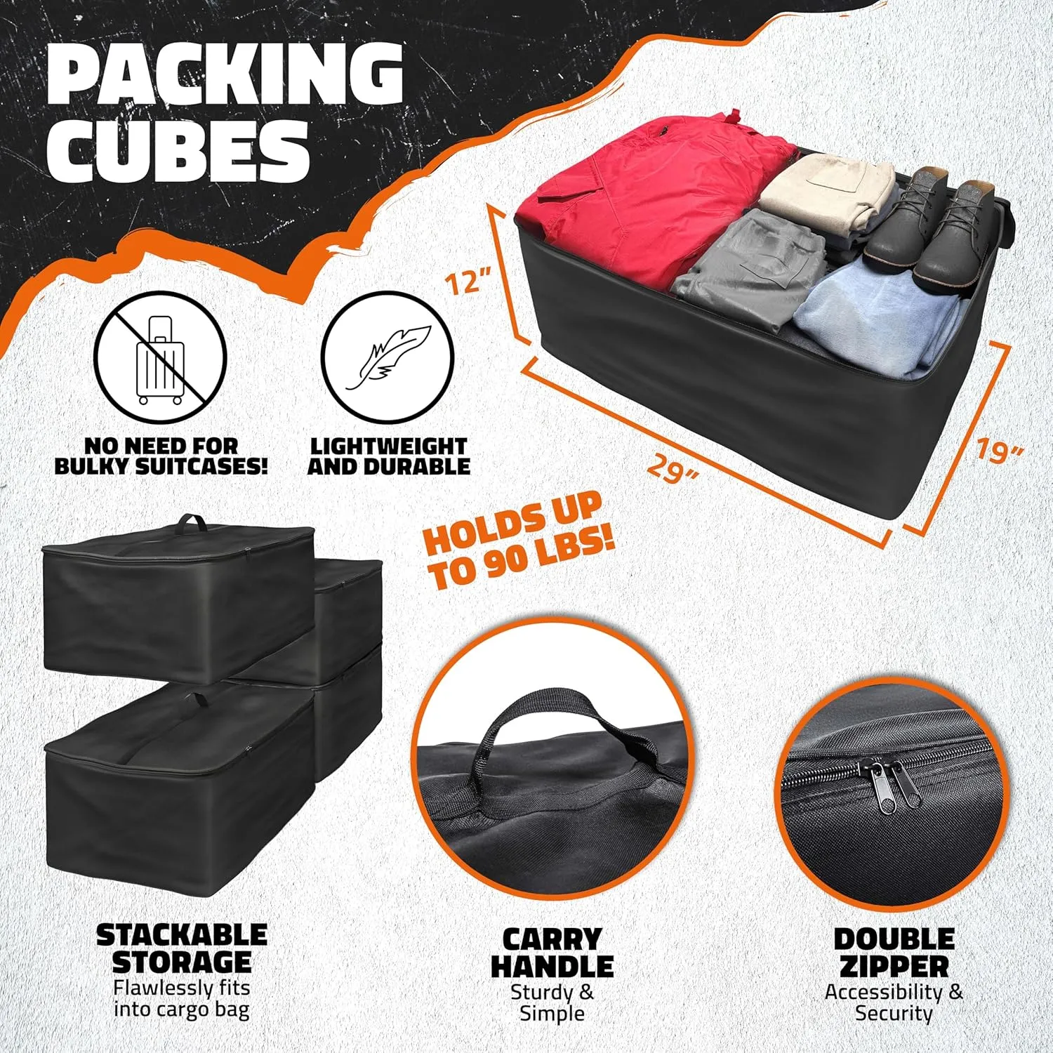 Mockins 60"x20"x6" Trailer Hitch Cargo Carrier w/16 CuFt Soft Vinyl Waterproof Cargo Bag & 4 Packing Cubes | 500 Lbs. Capacity Folding Luggage Rack for SUV/Car & Waterproof Truck Bed Storage Bag Set