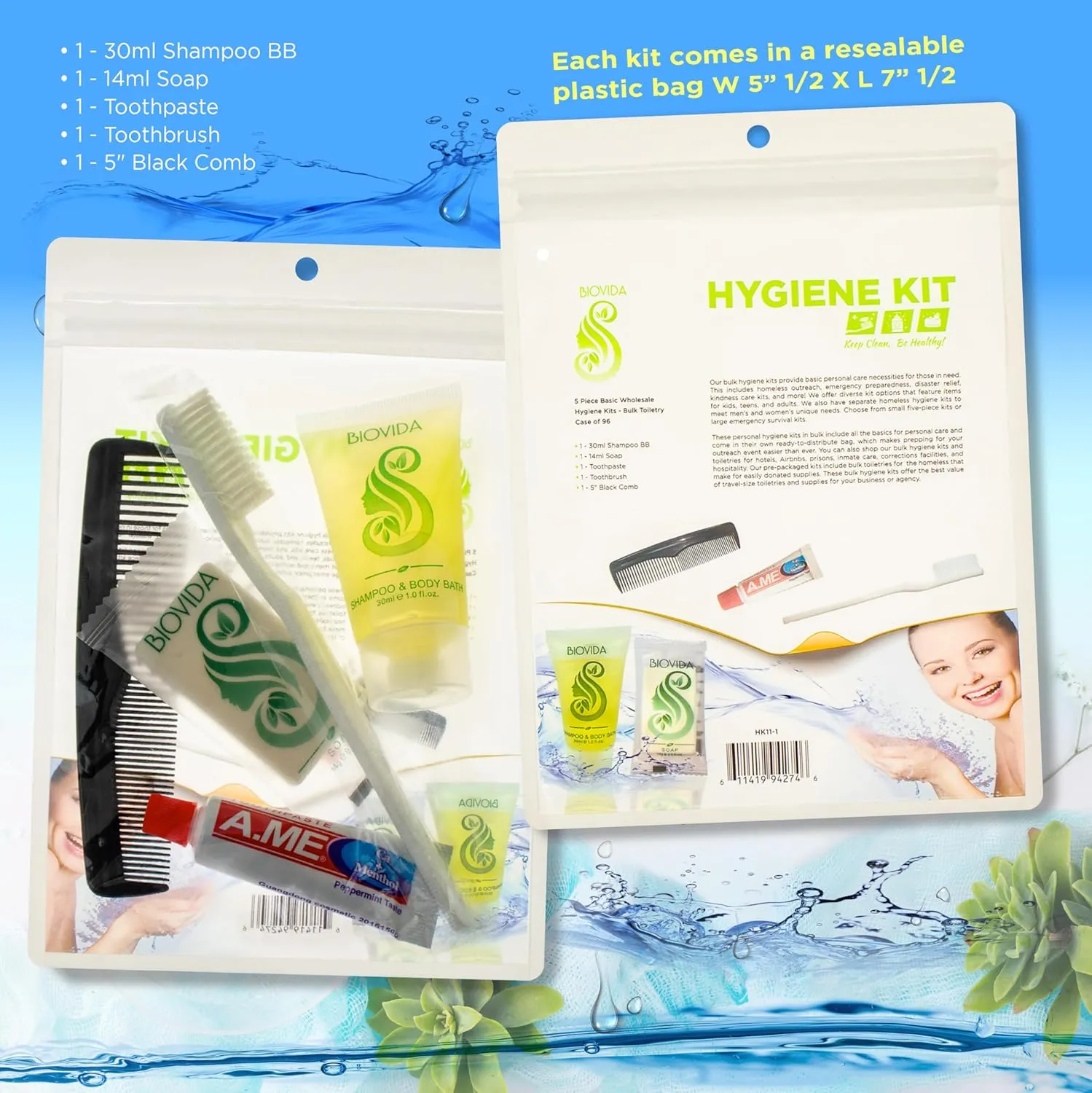 Moda West 96 Hygiene Kits - Bulk Case Wholesale Deluxe Toiletries for Men, Women, Travel, Charity, Includes Shampoo, Deodorant, Toothpaste, Razor, More, Homeless Shelters, Donations, Hotels, Travel