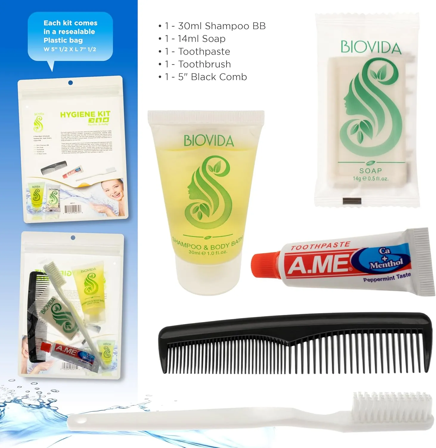 Moda West 96 Hygiene Kits - Bulk Case Wholesale Deluxe Toiletries for Men, Women, Travel, Charity, Includes Shampoo, Deodorant, Toothpaste, Razor, More, Homeless Shelters, Donations, Hotels, Travel