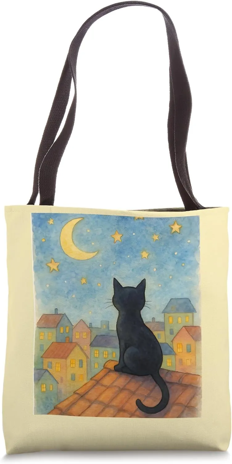 Moonlight Whiskers Watercolor Black Cat Rooftop Under Stars Tote Bag